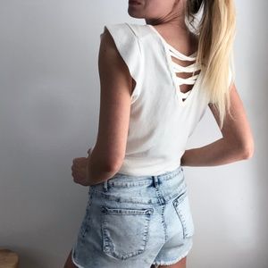 Flutter Sleeve Cross Back Knit Tee